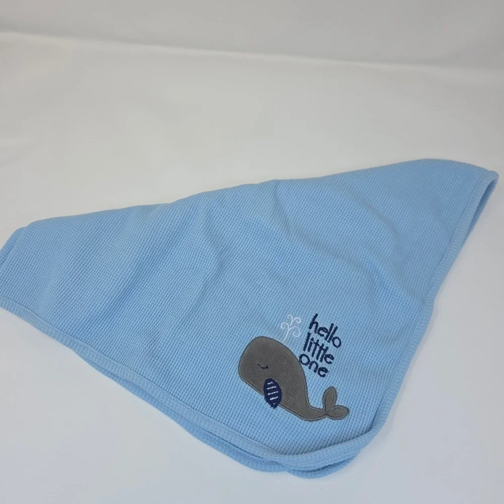 Just Born Baby Blanket Unisex OS Blue Waffle Knit Hello Little One‎ Whale Cotton